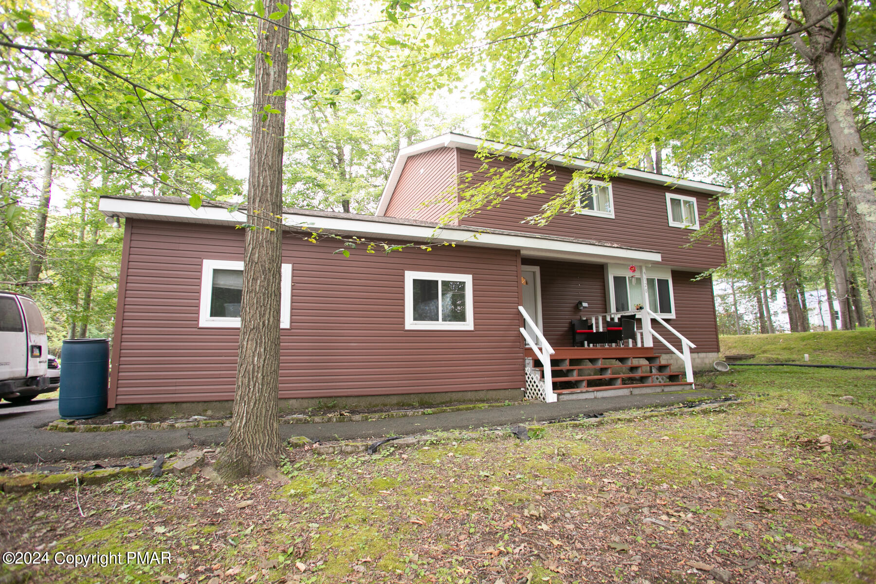 a front view of a house with patio