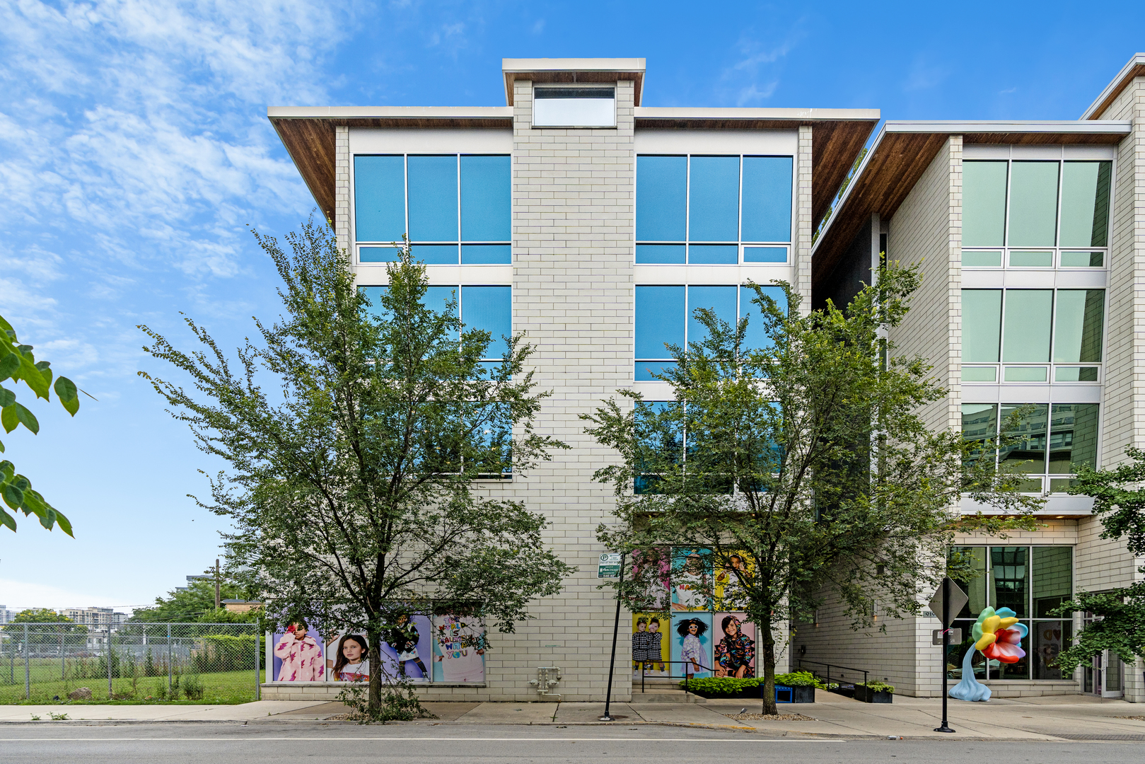 front view of a building with a street