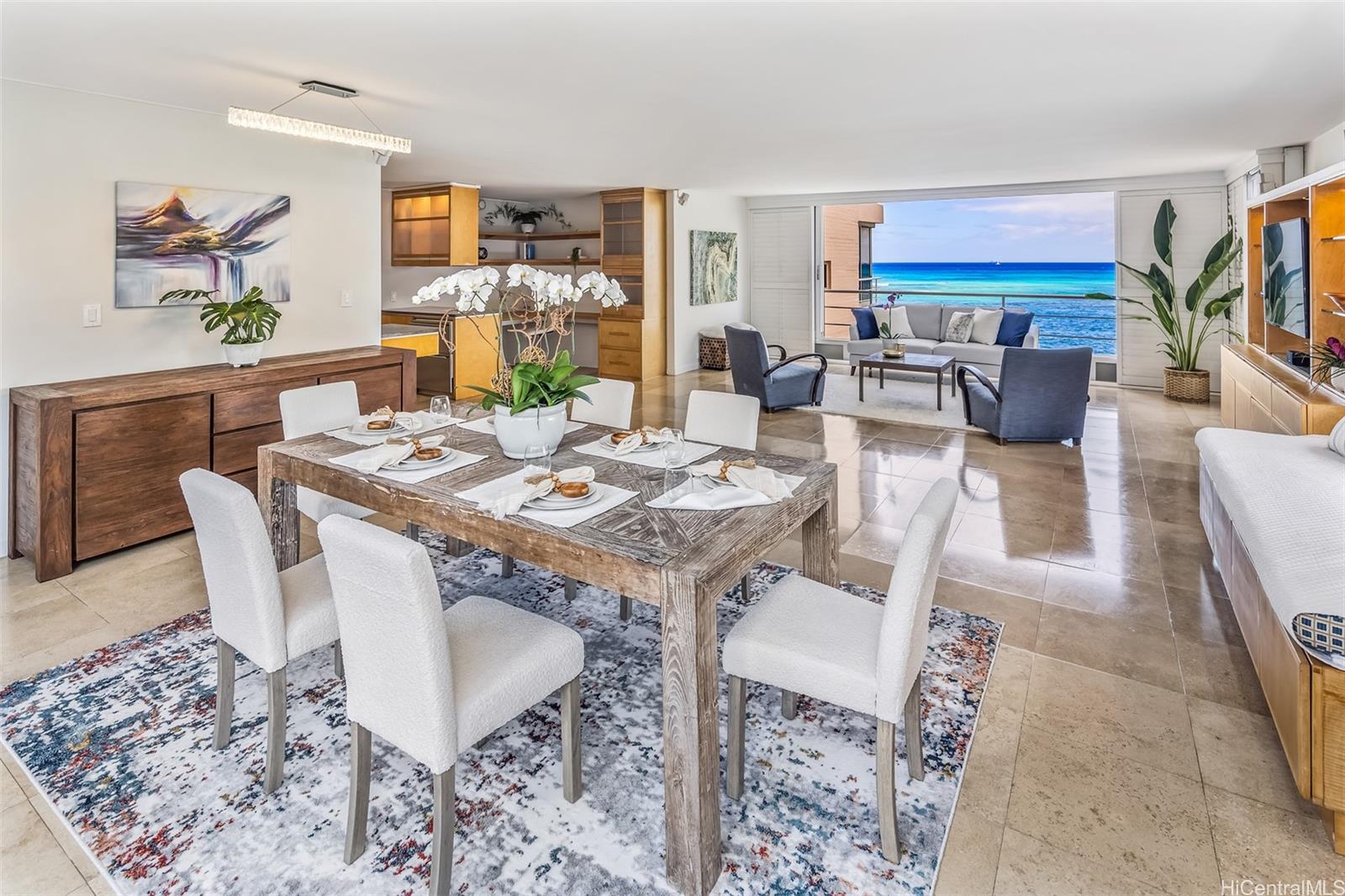 a view of a dining room with furniture