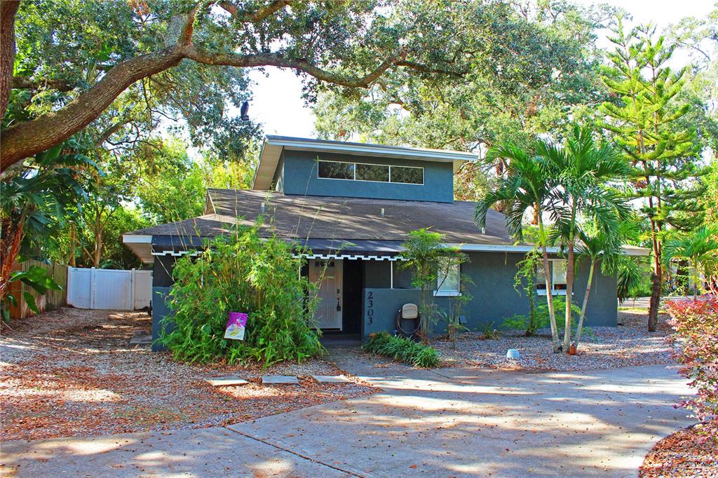 a front view of a house with plants and trees