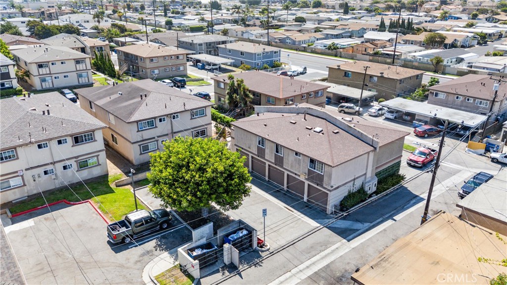 an aerial view of a house with a garden