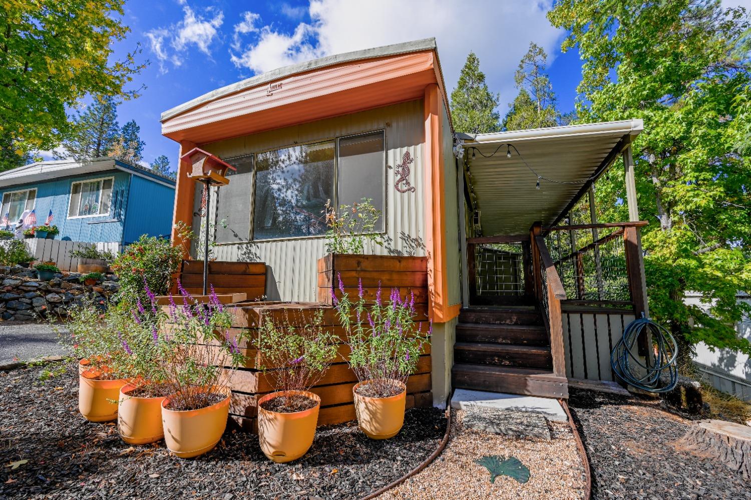 a view of a patio with table and chairs potted plants