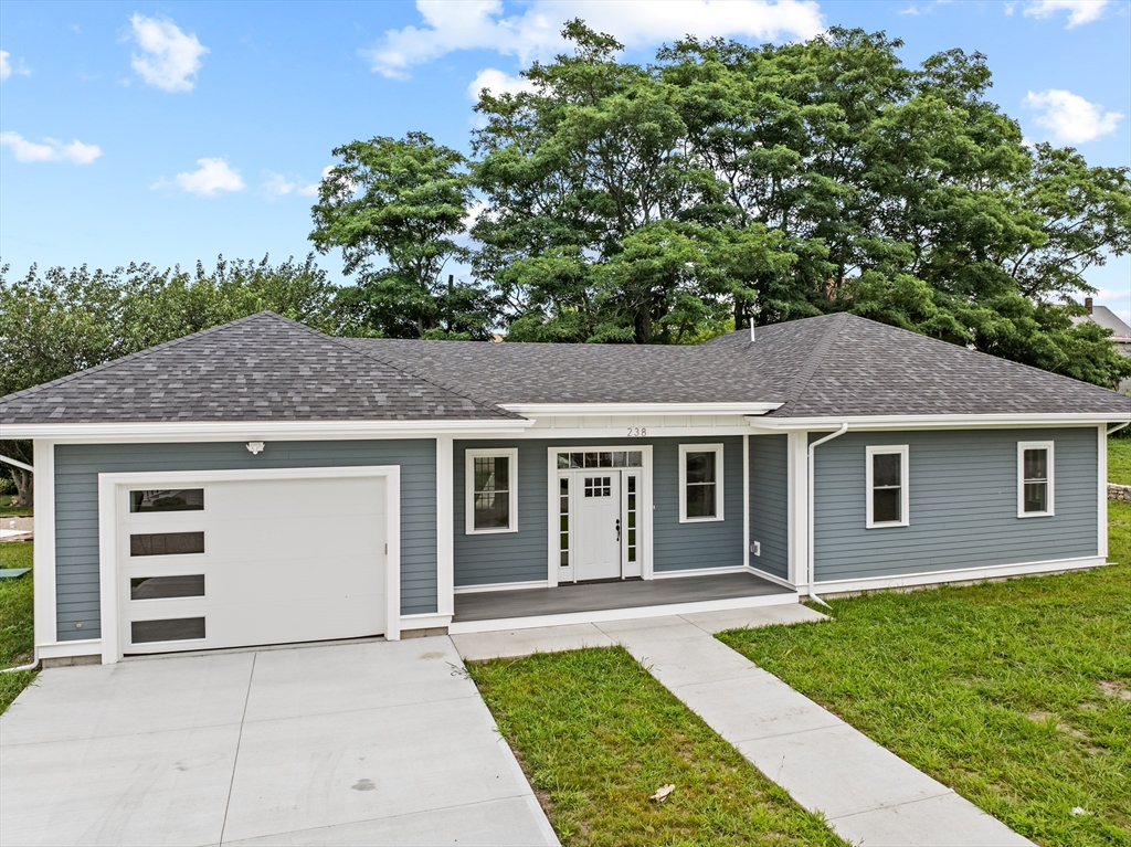 a front view of house with yard and green space