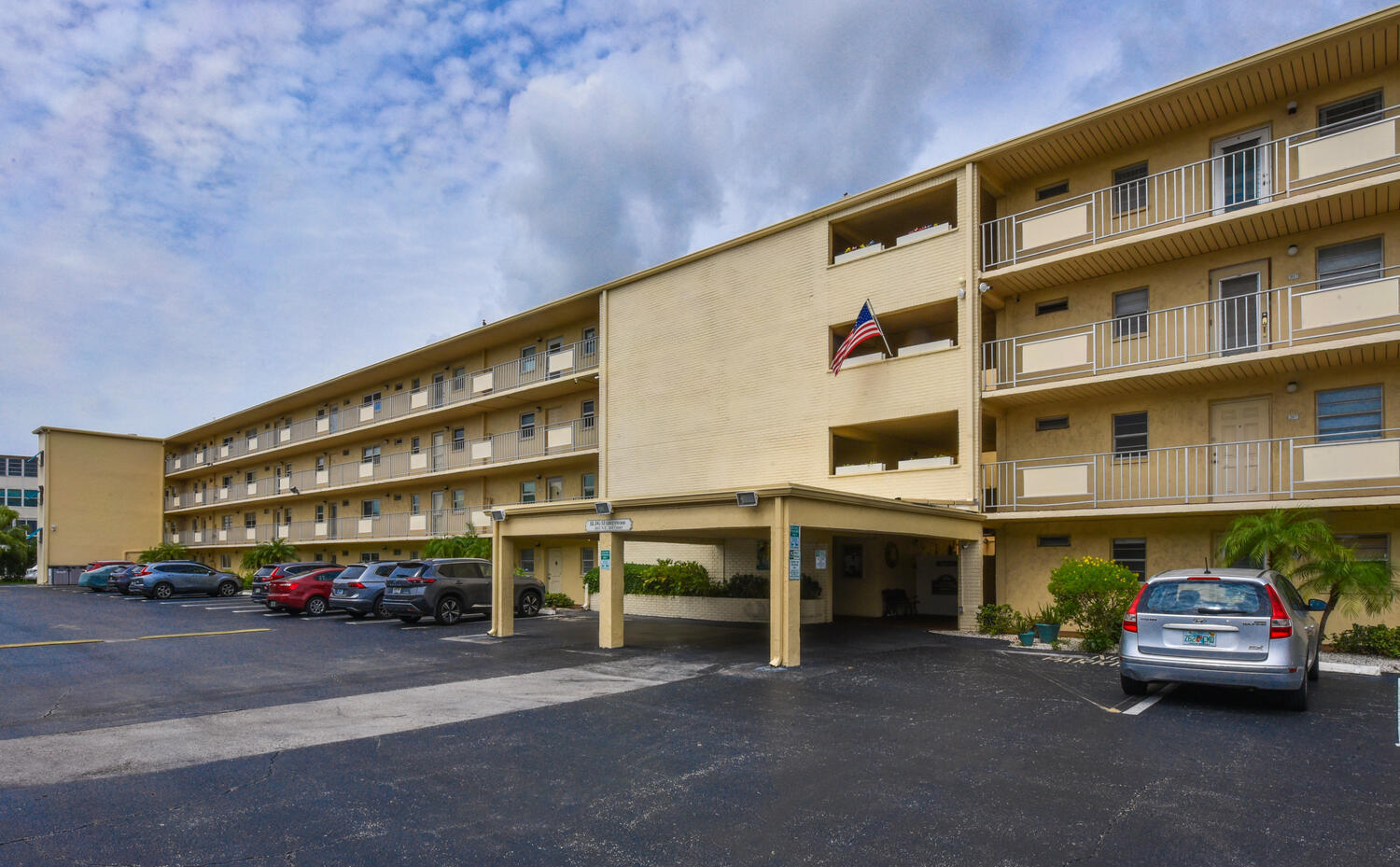 a front view of a building with street