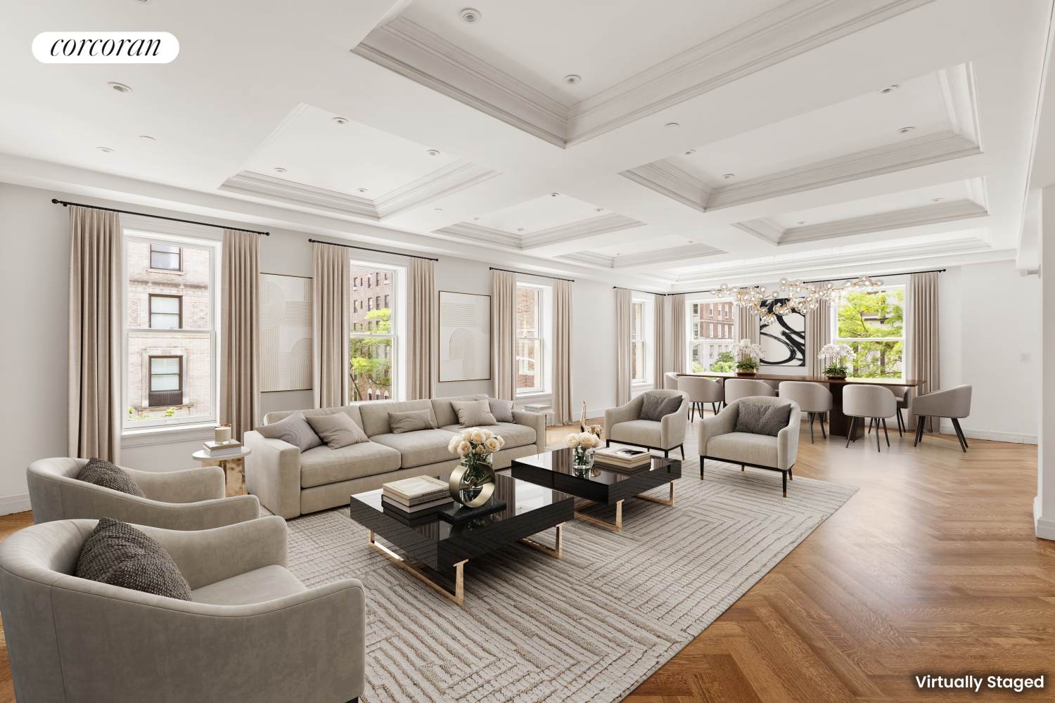 a living room with furniture wooden floor and a large window