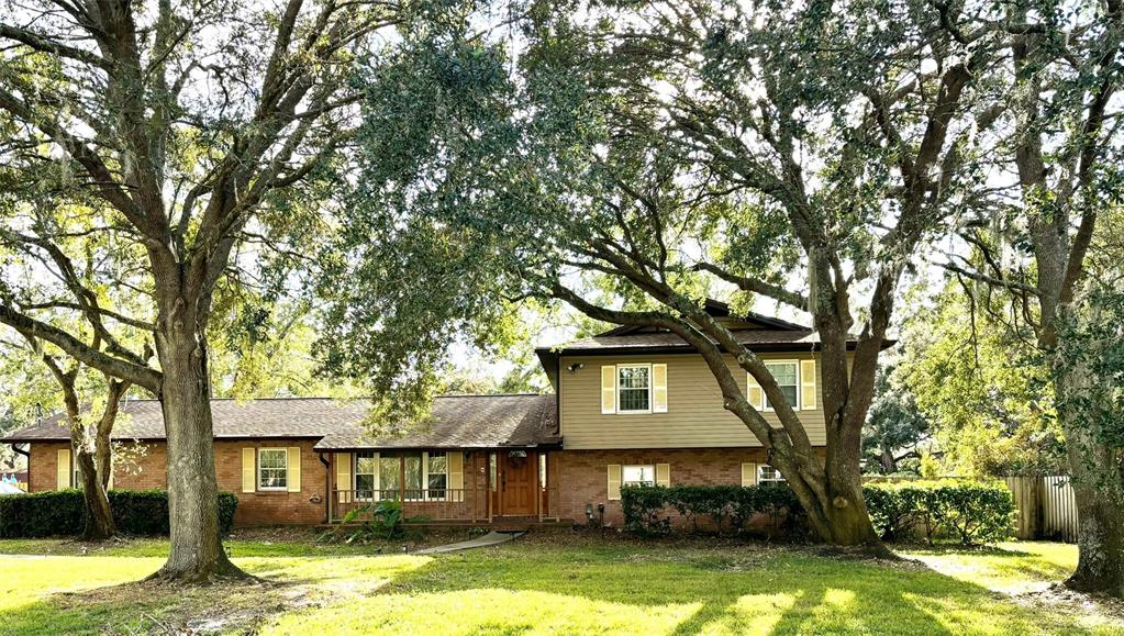 a view of a yard in front of a house with large tree