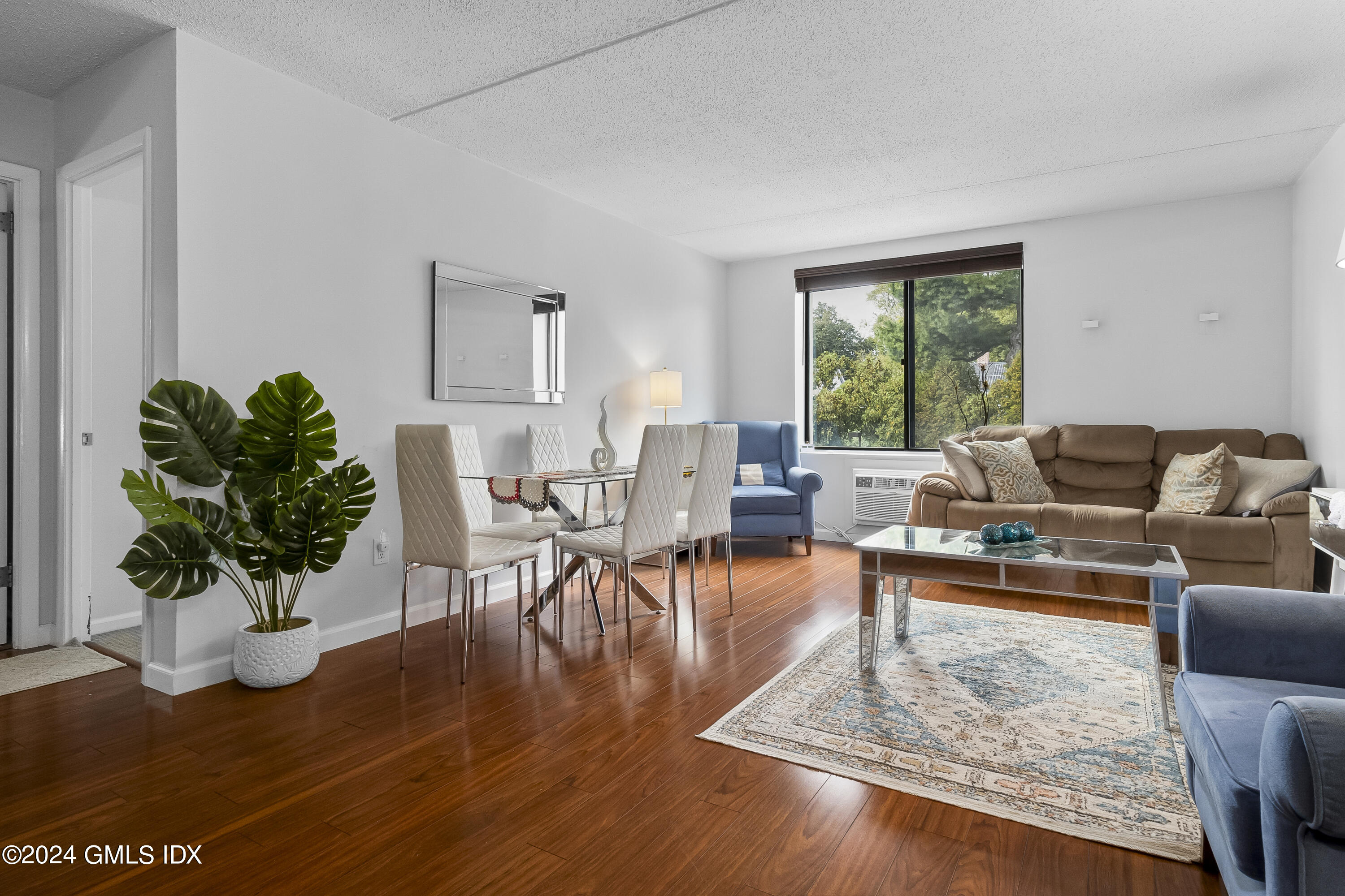 a living room with furniture potted plant and a window