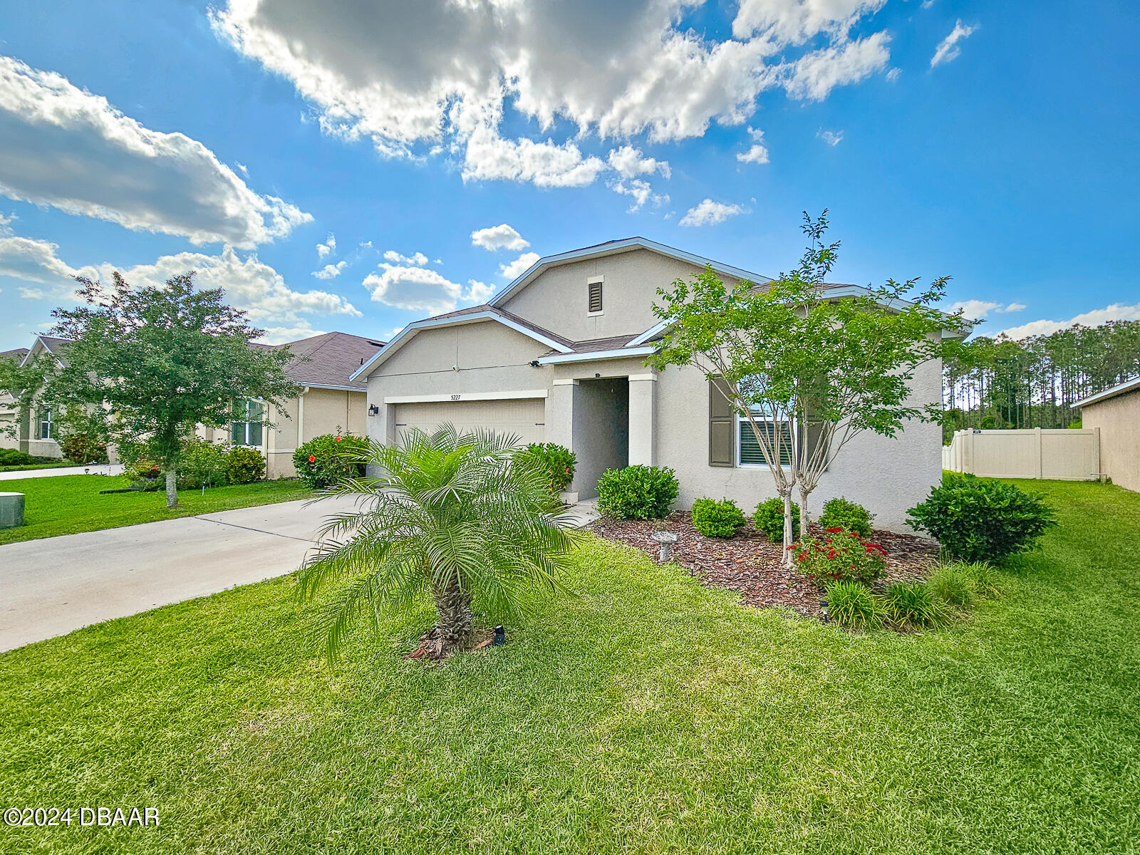 a front view of a house with yard and green space