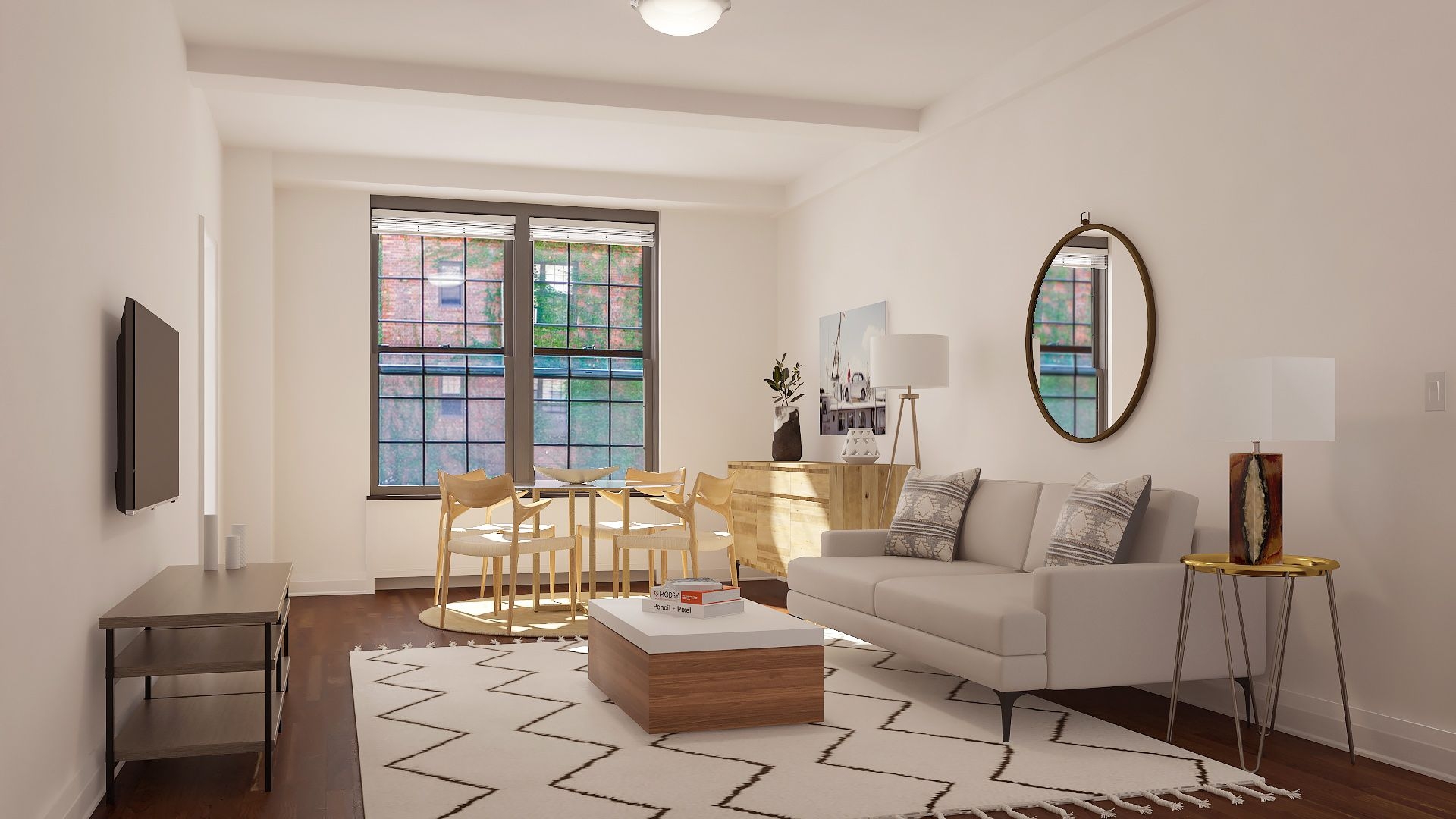 a living room with furniture a window and a flat screen tv