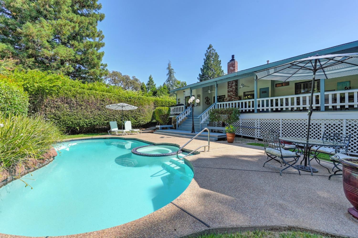 a view of a swimming pool with lawn chairs and plants