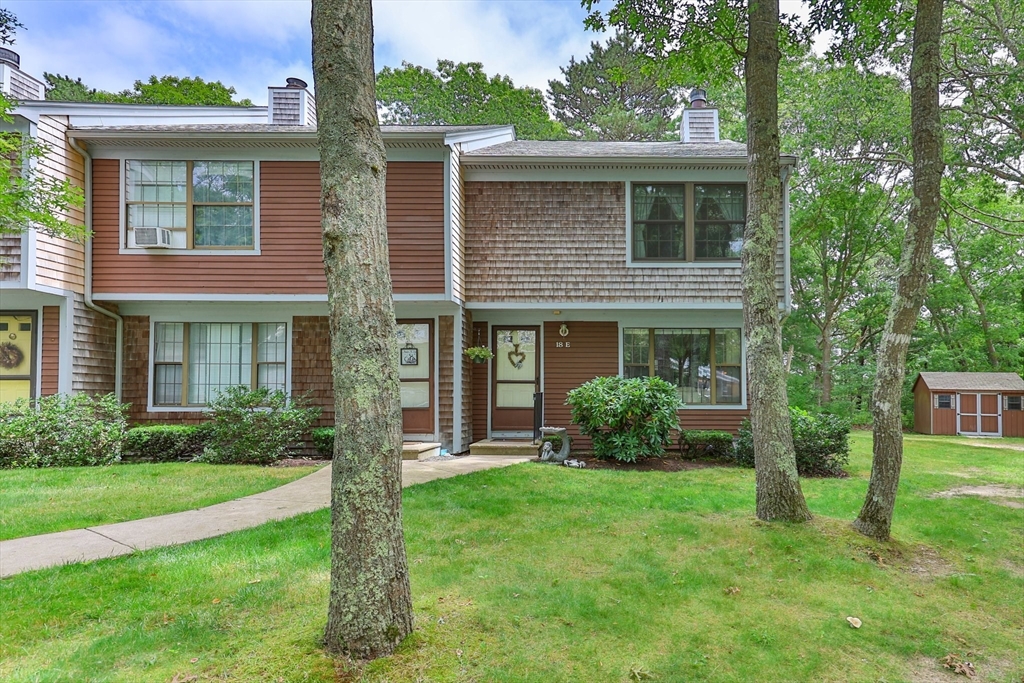 a view of a brick house with a yard potted plants and a large tree