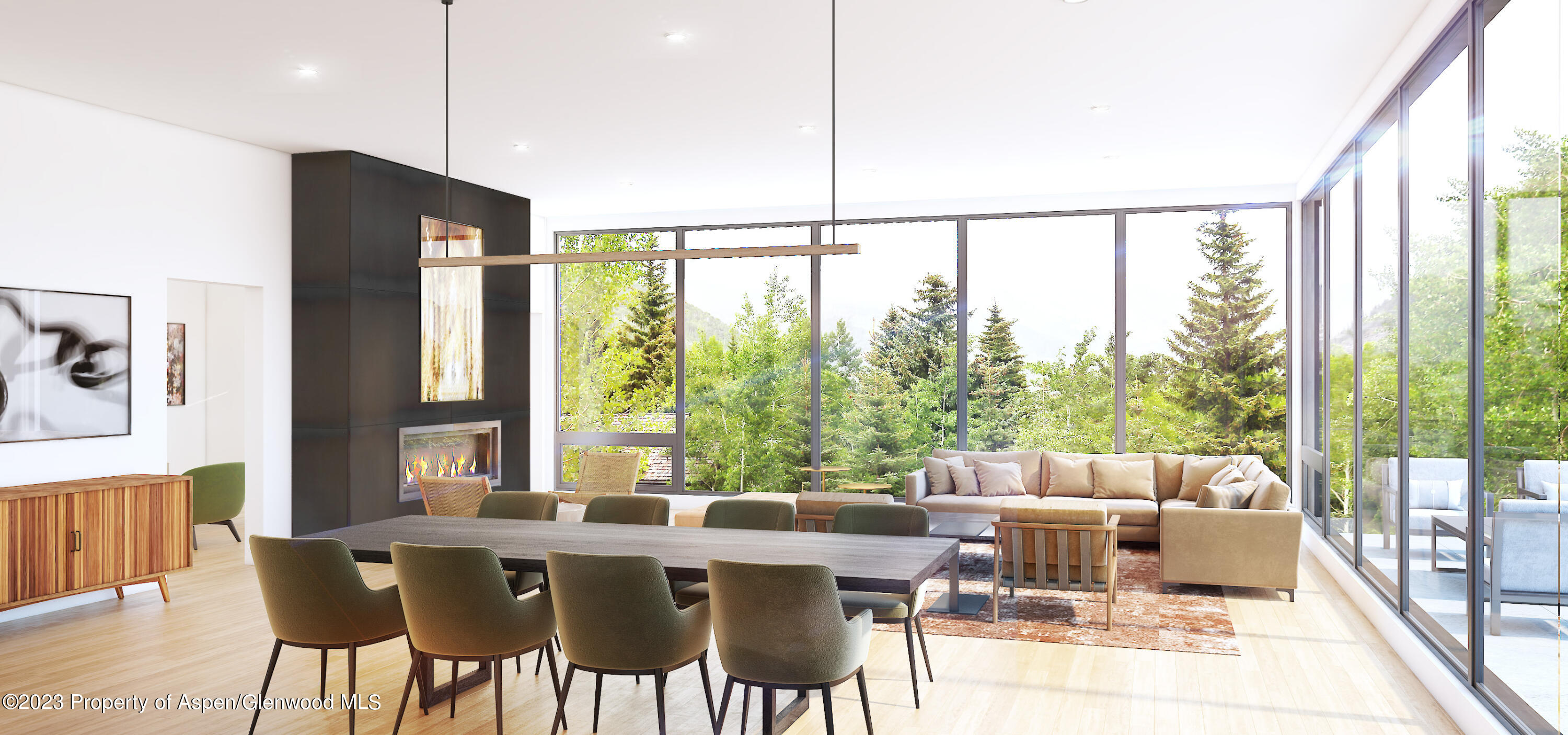 a view of a dining room with furniture window and outside view