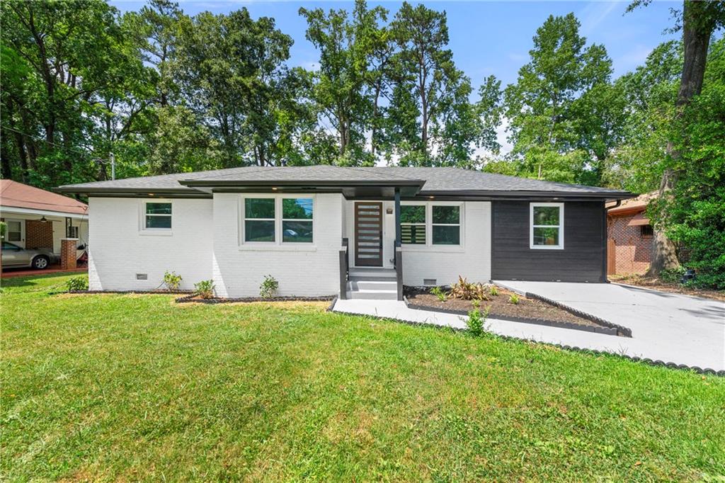 front view of a house with a patio