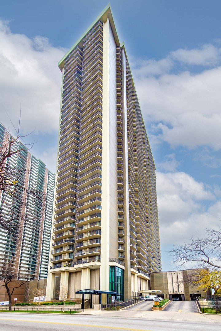 a view of a buildings and a street