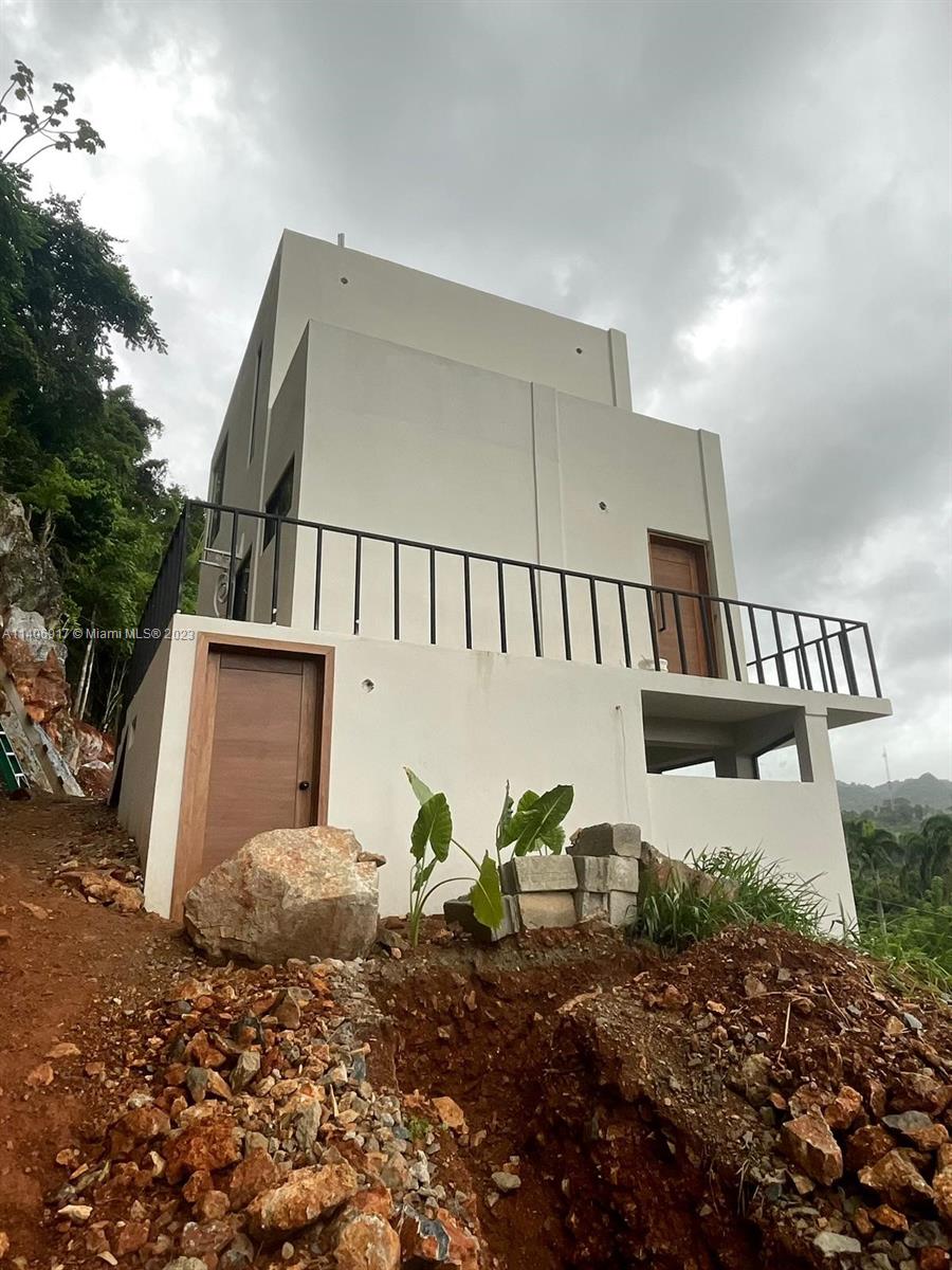 a view of a house with backyard and porch