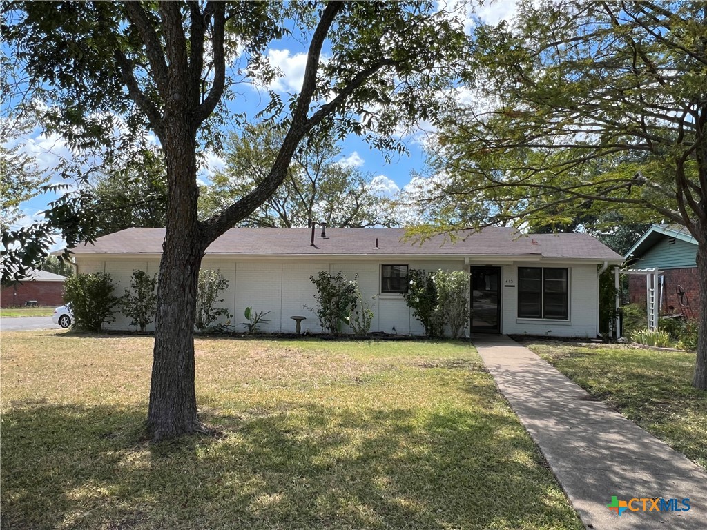 a front view of a house with a yard and tree