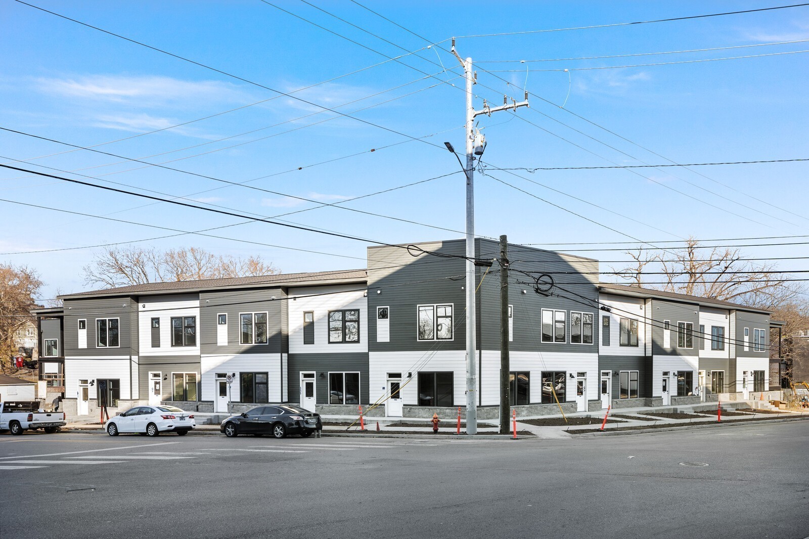 a front view of a building with street view