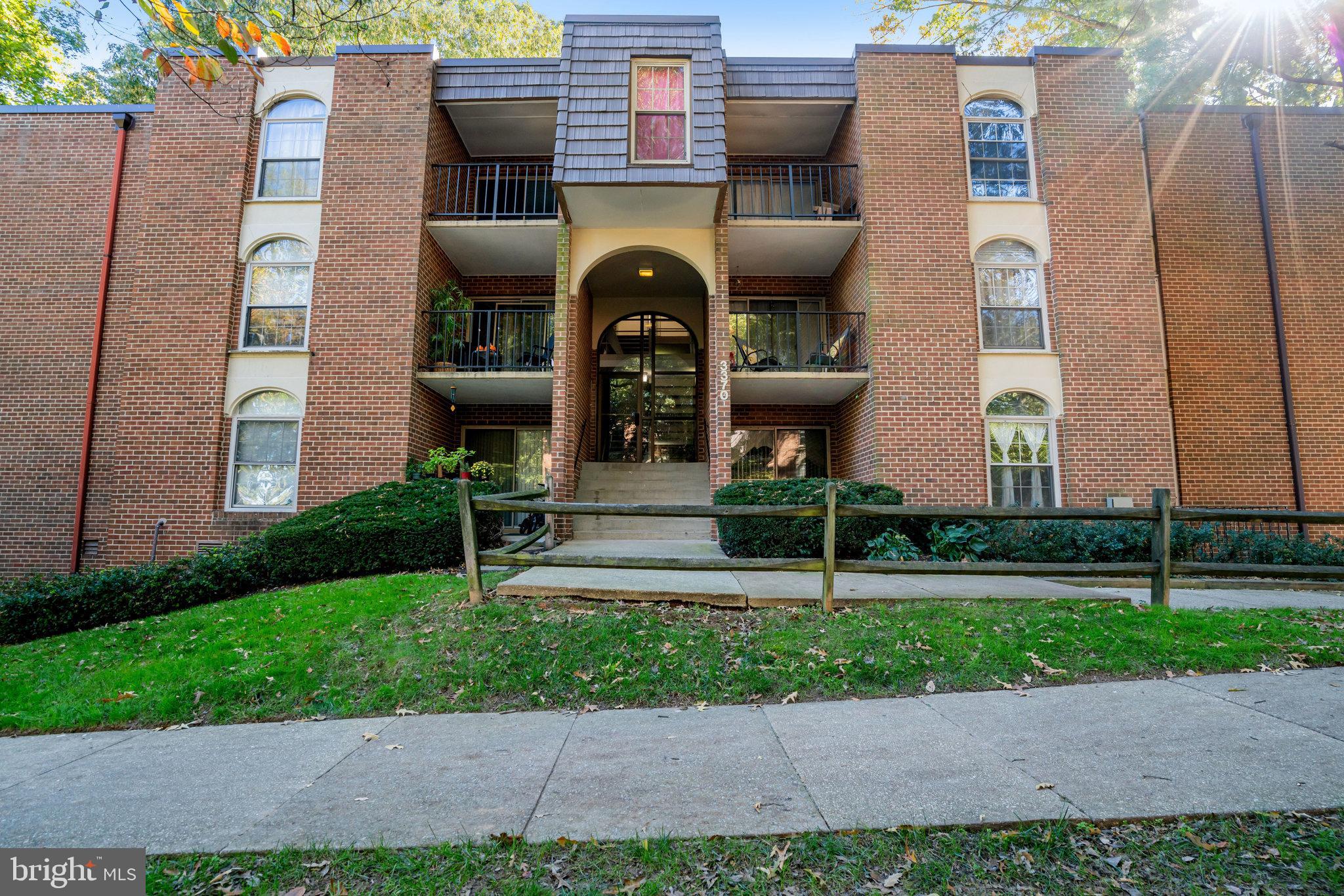 a front view of a brick building