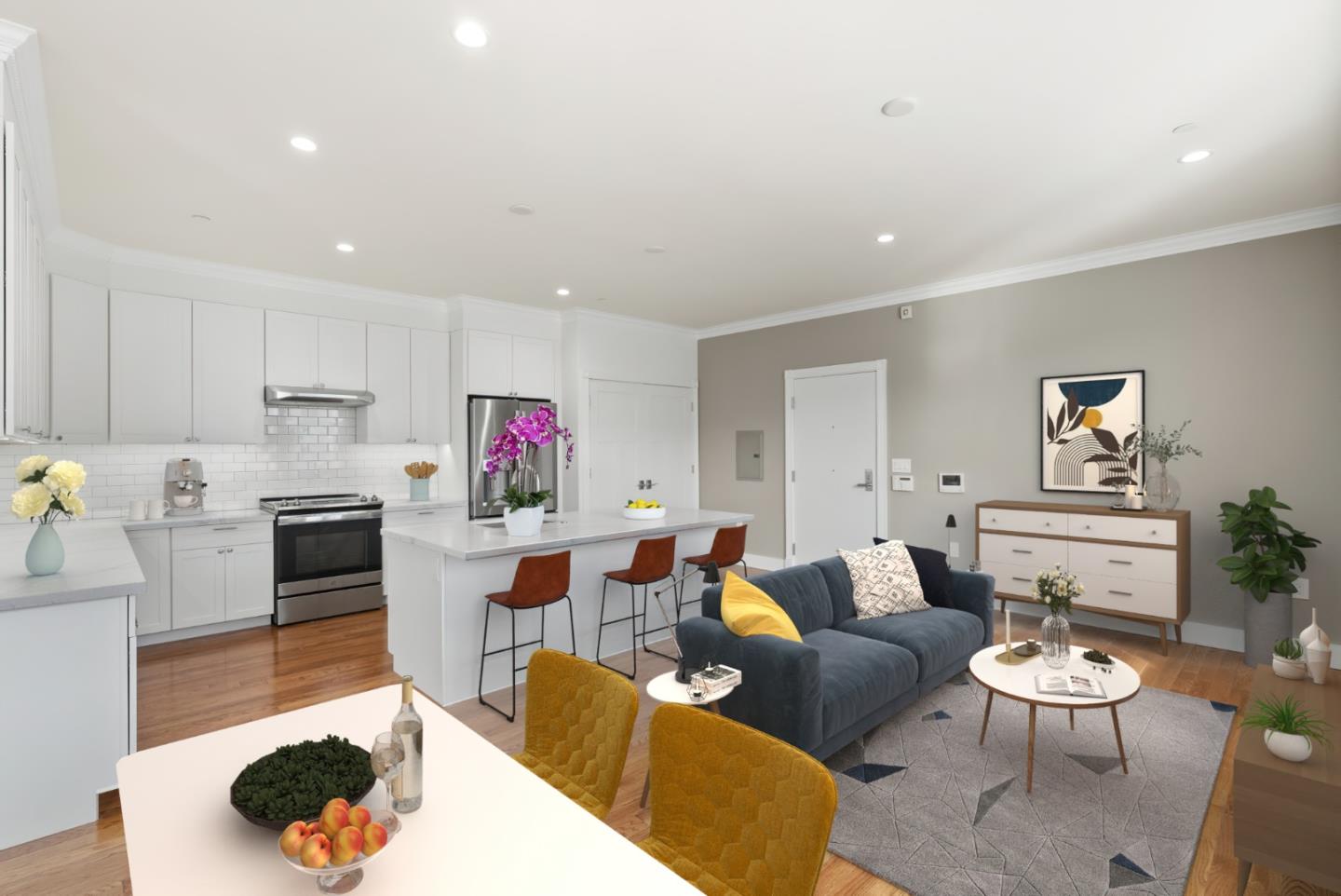 a living room with furniture fireplace and kitchen view