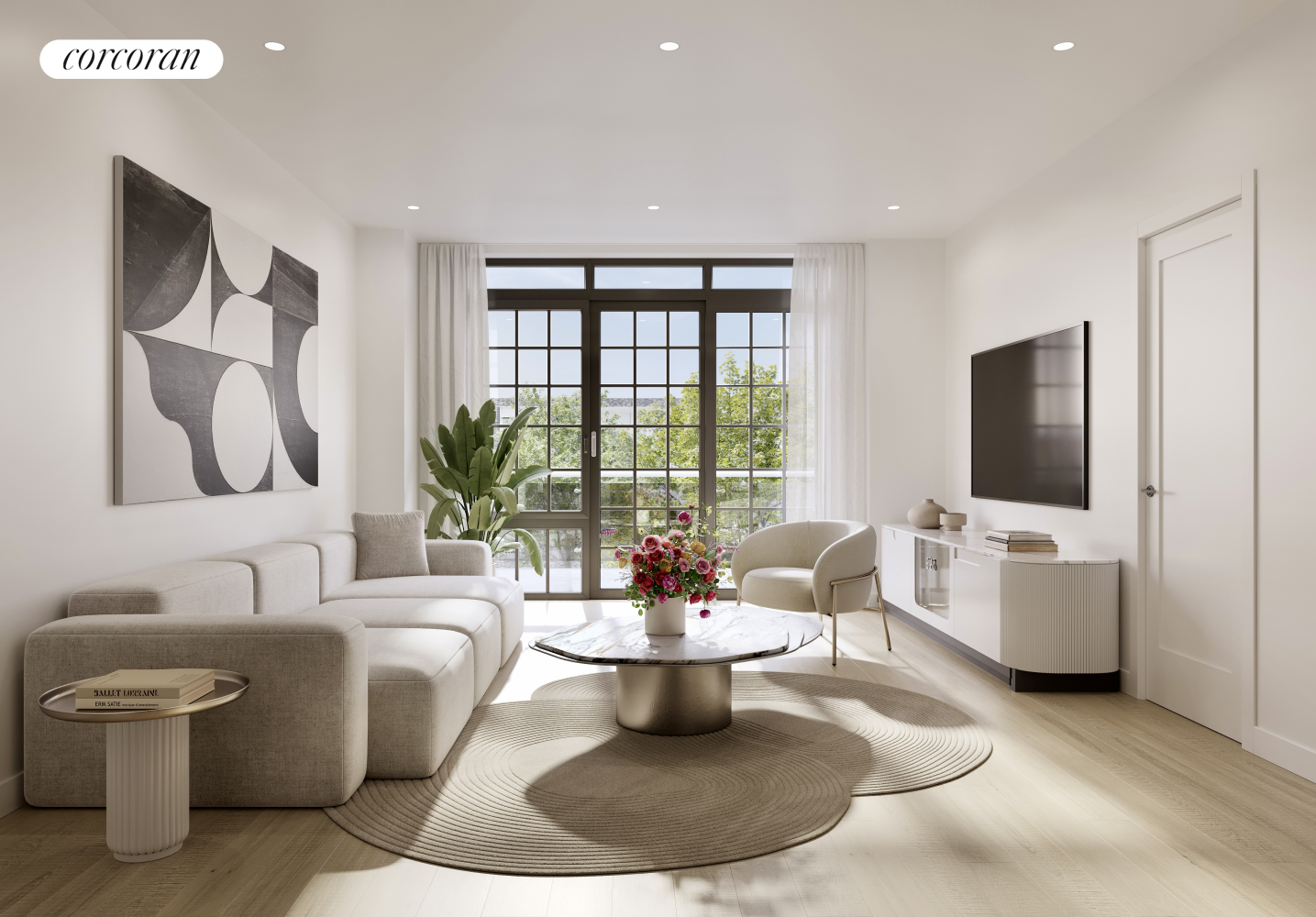 a living room with fireplace furniture and a flat screen tv