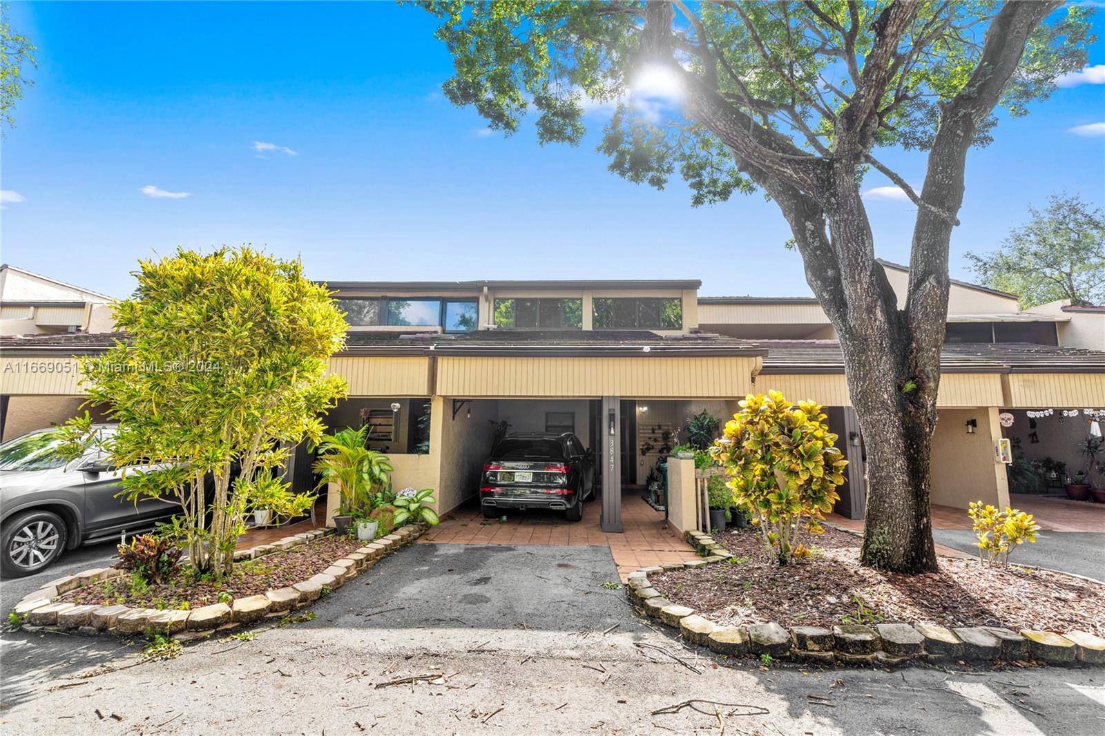 a front view of a house with a yard and a tree