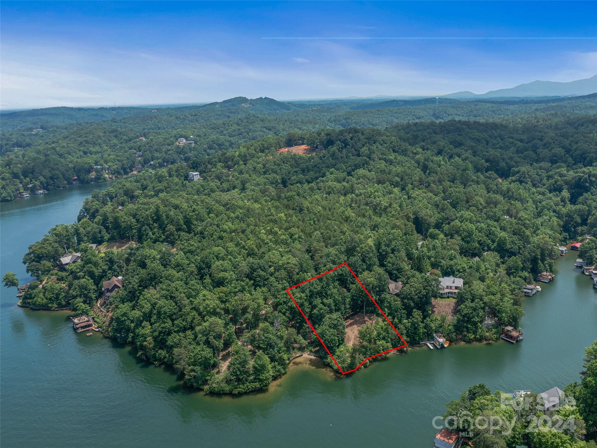 an aerial view of green landscape with trees houses and lake view