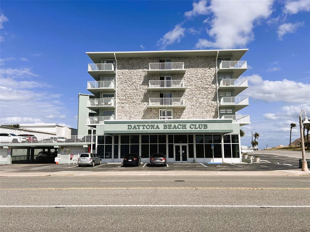 a front view of a building with street