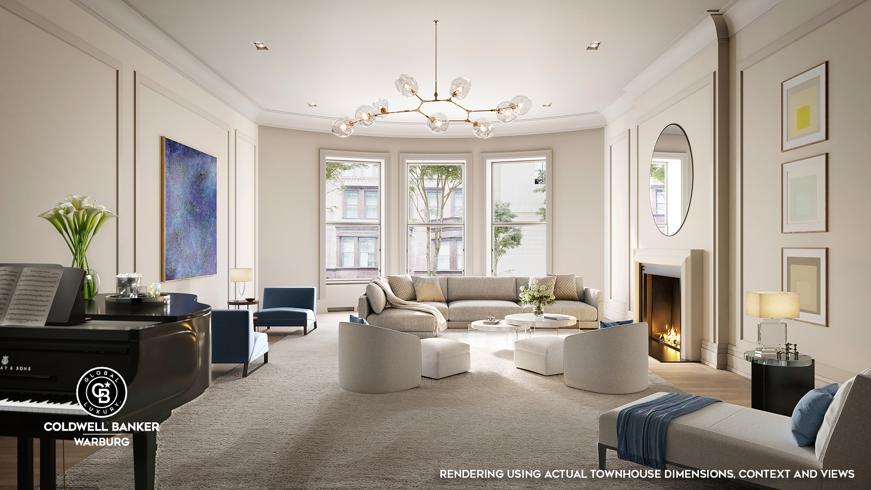 a living room with furniture chandelier and a large window