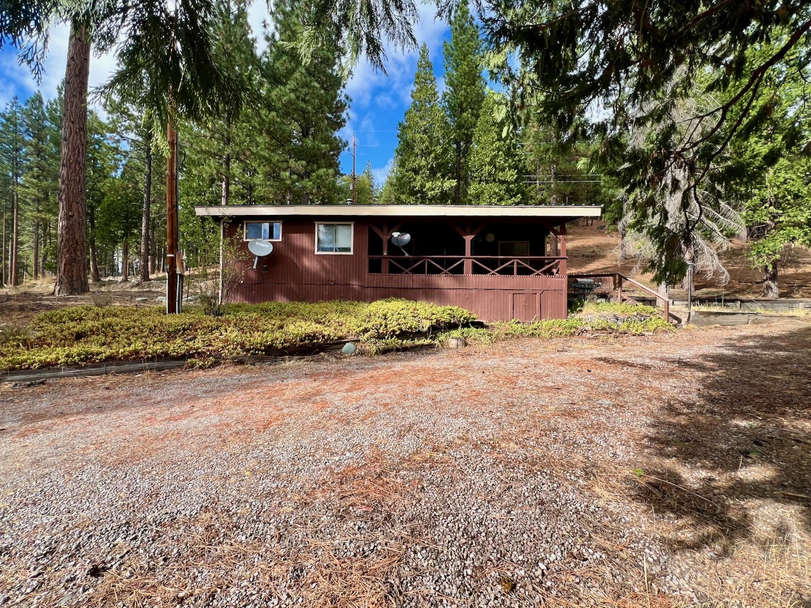 a view of a house with large trees and a large tree