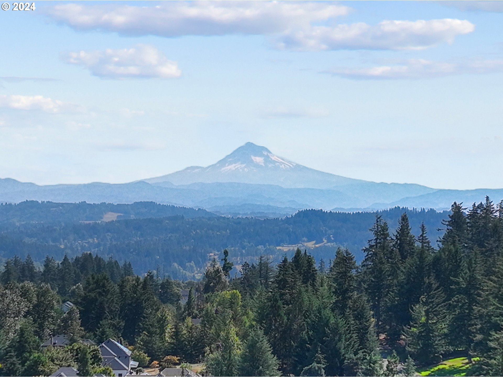 a view of a town with mountains in the background