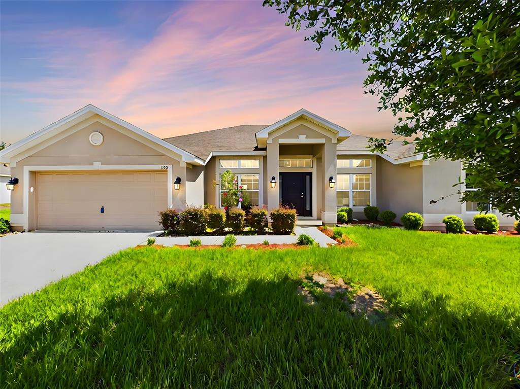 a front view of a house with yard and green space