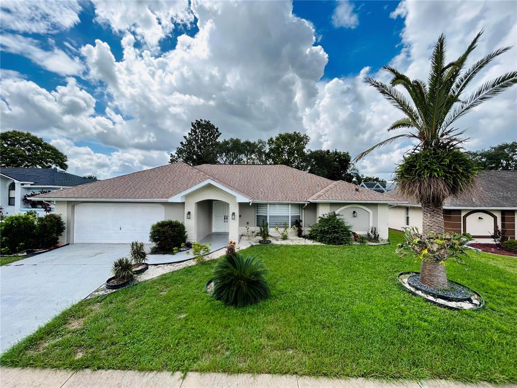 a view of a house with a big yard potted plants and large tree