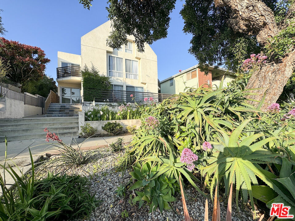 a view of a white house with a yard and plants