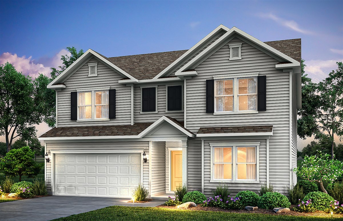 Digital Rendering. Mitchell exterior LC2D features upgraded roof peaks and shutter accents! ACTUAL Home Colors: Evening Blue exterior with Navy Shutters and Navy Front Door with crisp white Trim and Garage Door.