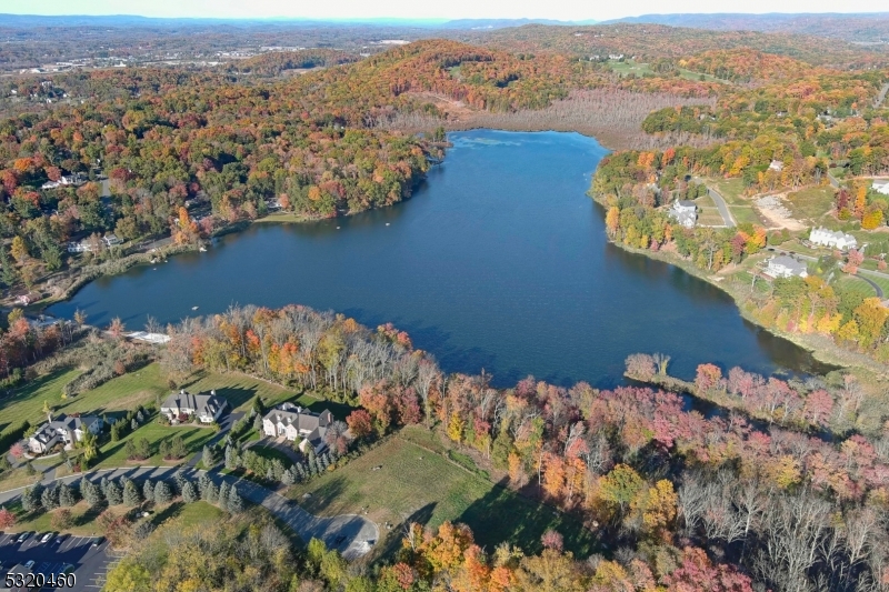 an aerial view of lake and residential houses with outdoor space