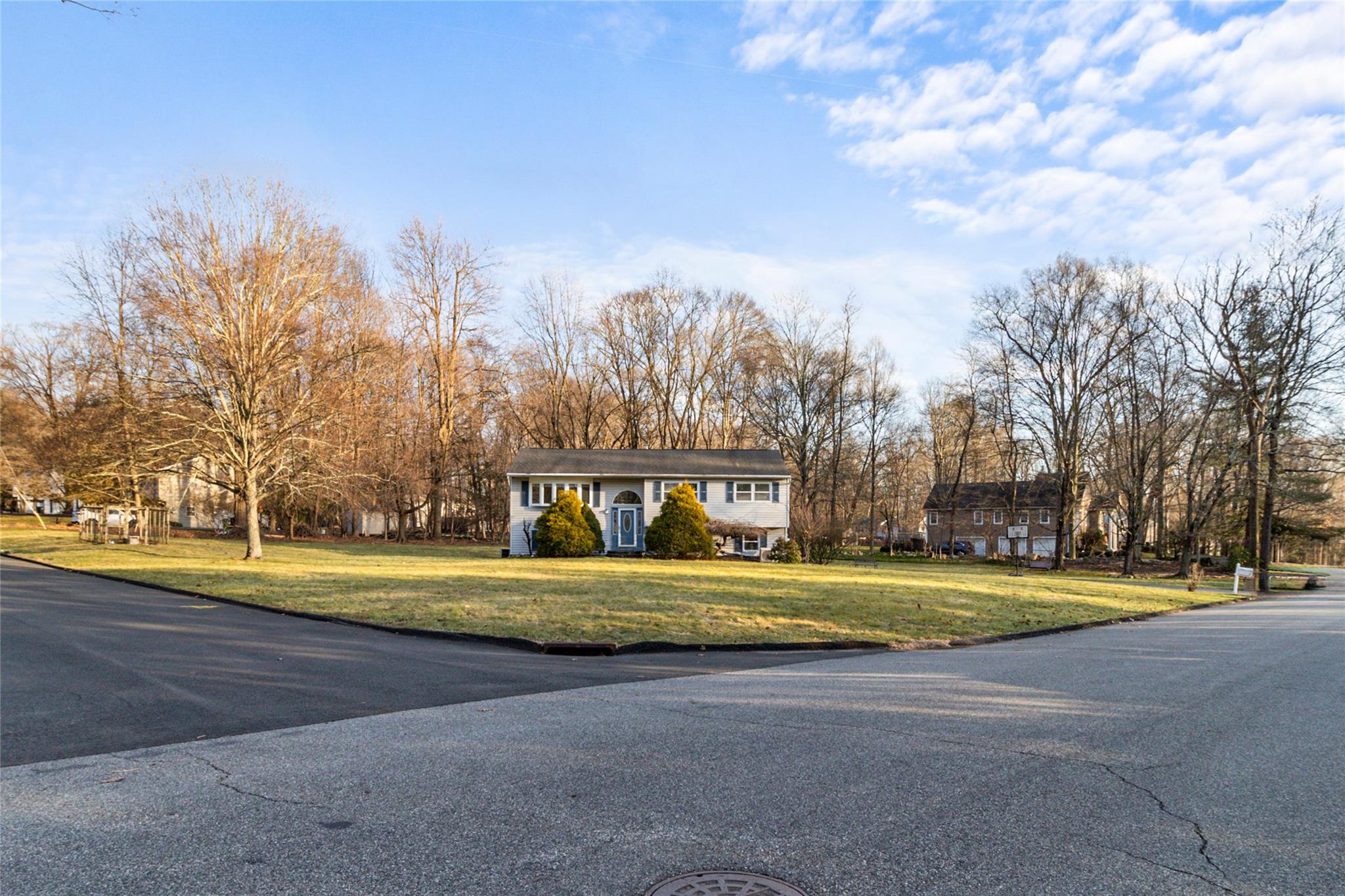 a front view of a house with a yard and trees