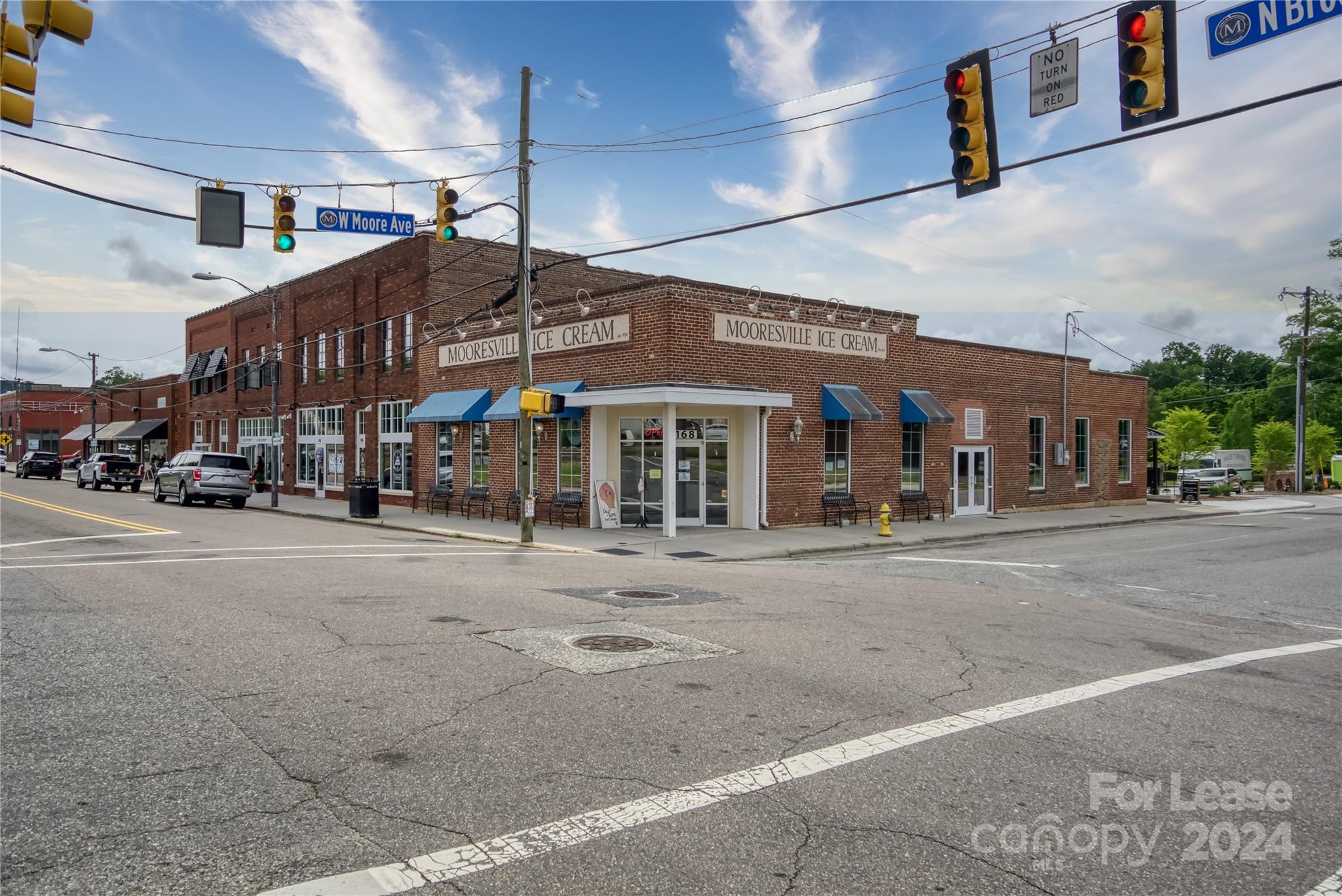 a view of a building with a street