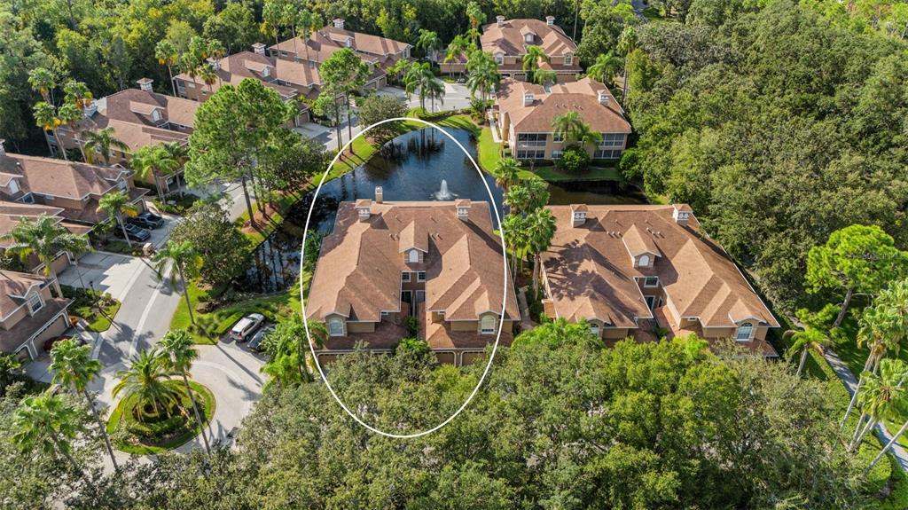 an aerial view of residential house with outdoor space and trees all around