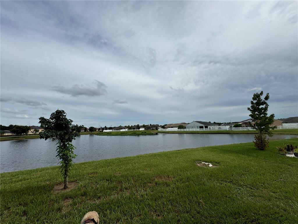 a view of a lake with a big yard