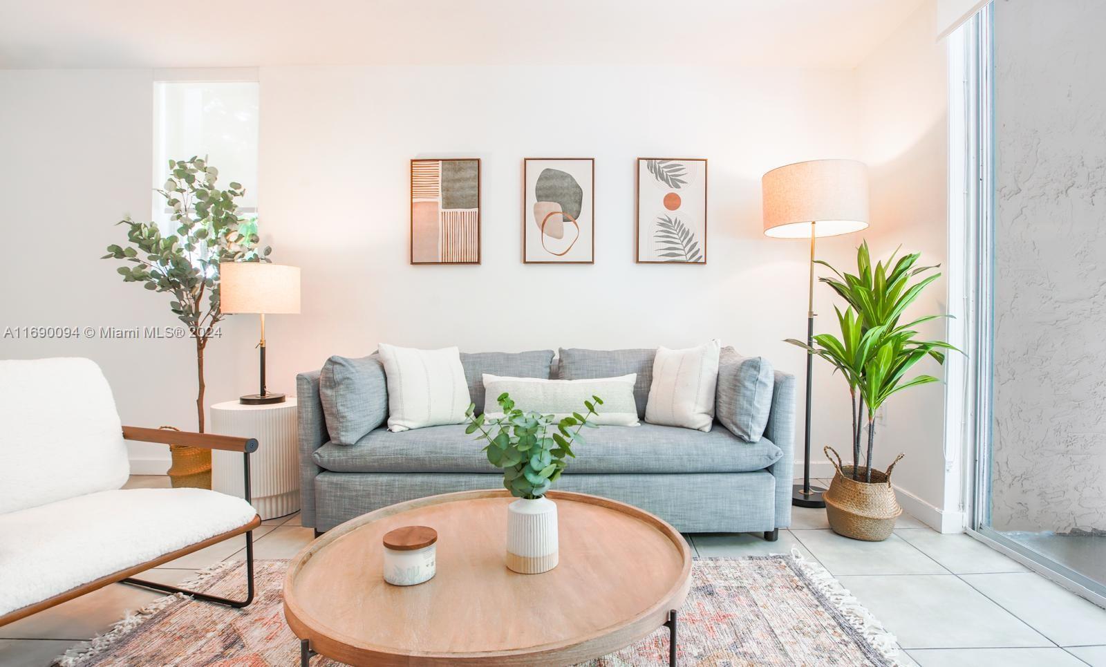 a living room with furniture flowerpot and a potted plant