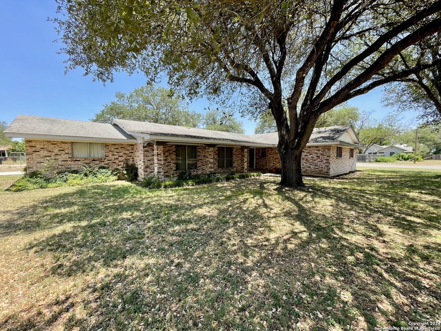 a view of a house with a large tree and a yard