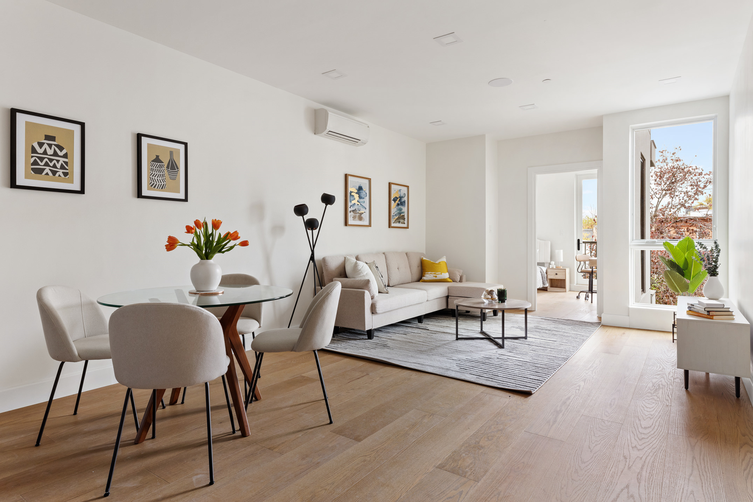 a living room with furniture and a potted plant