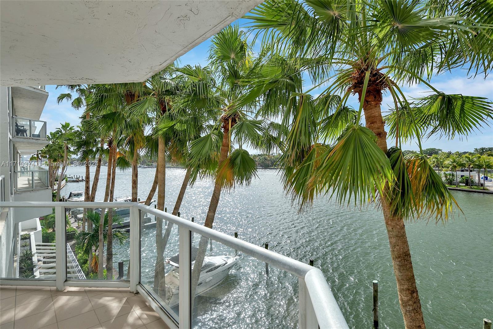 a view of balcony with a palm tree