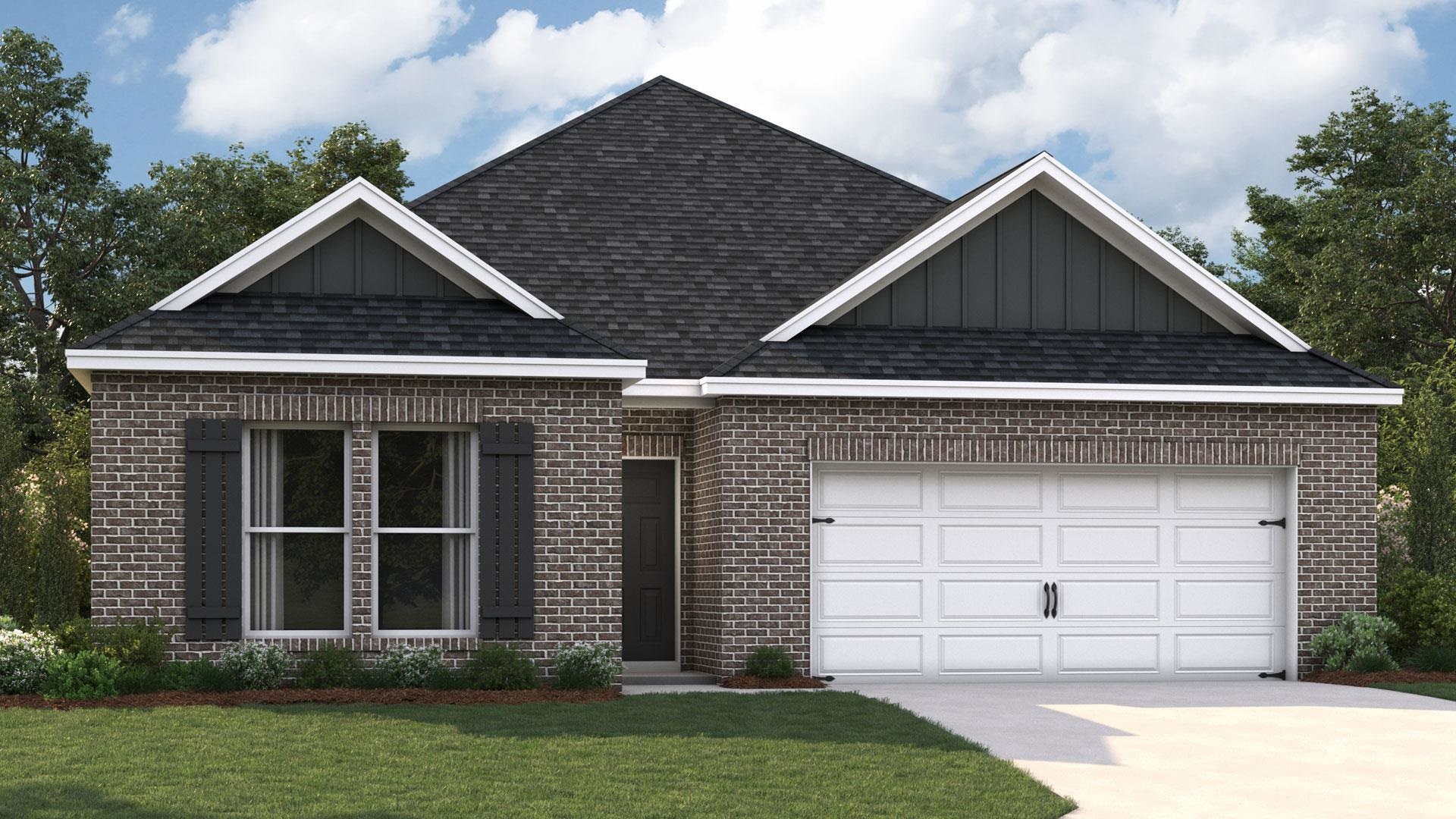 View of front of house with a garage and a front lawn