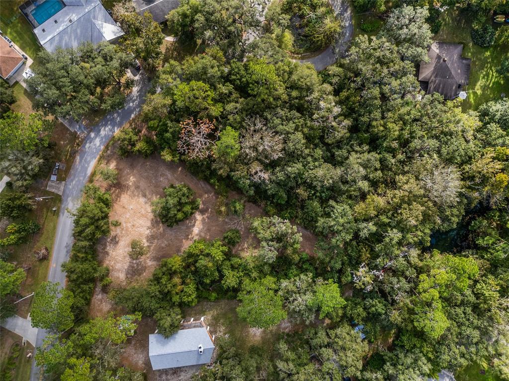 an aerial view of a residential houses with outdoor space and trees