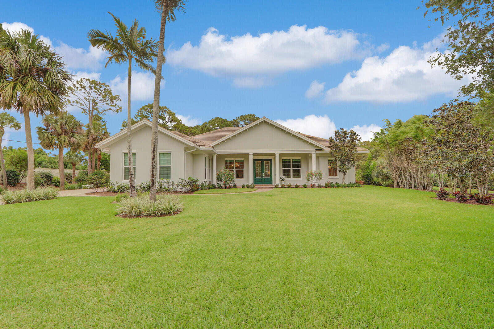 a front view of a house with yard and green space