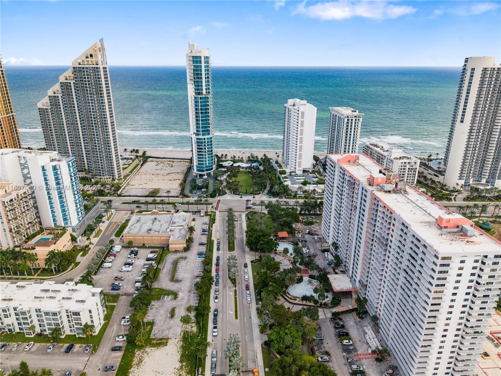 a city view with tall buildings