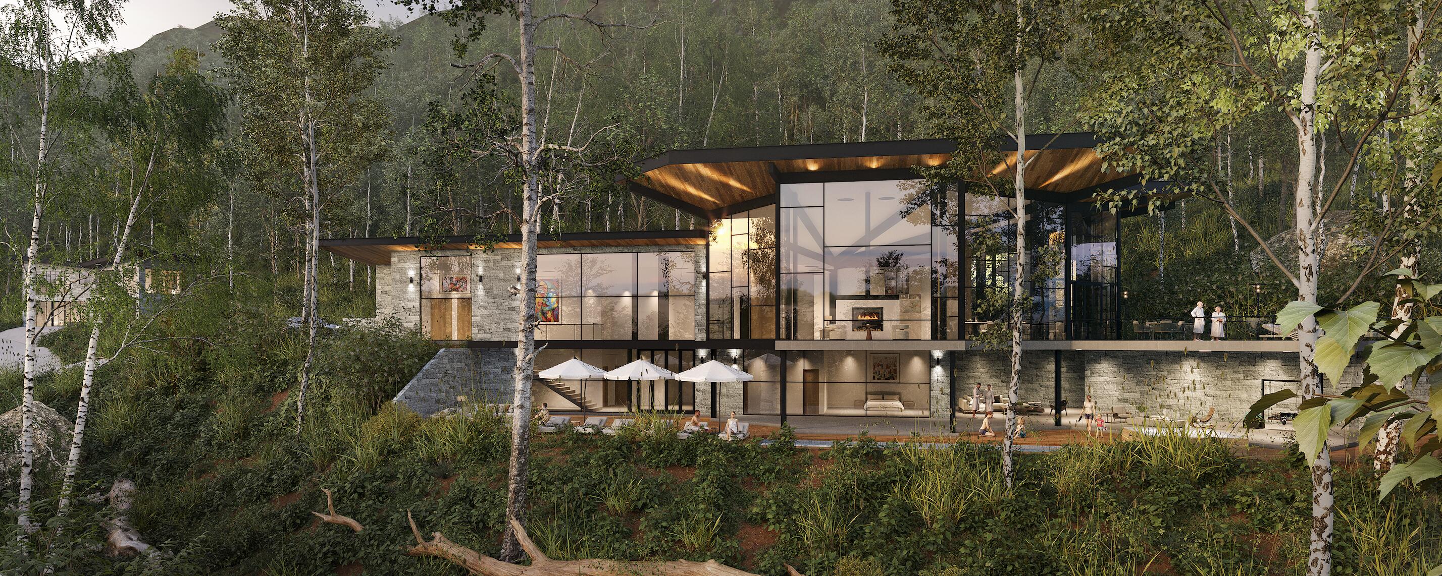 a view of swimming pool with outdoor seating and covered with trees