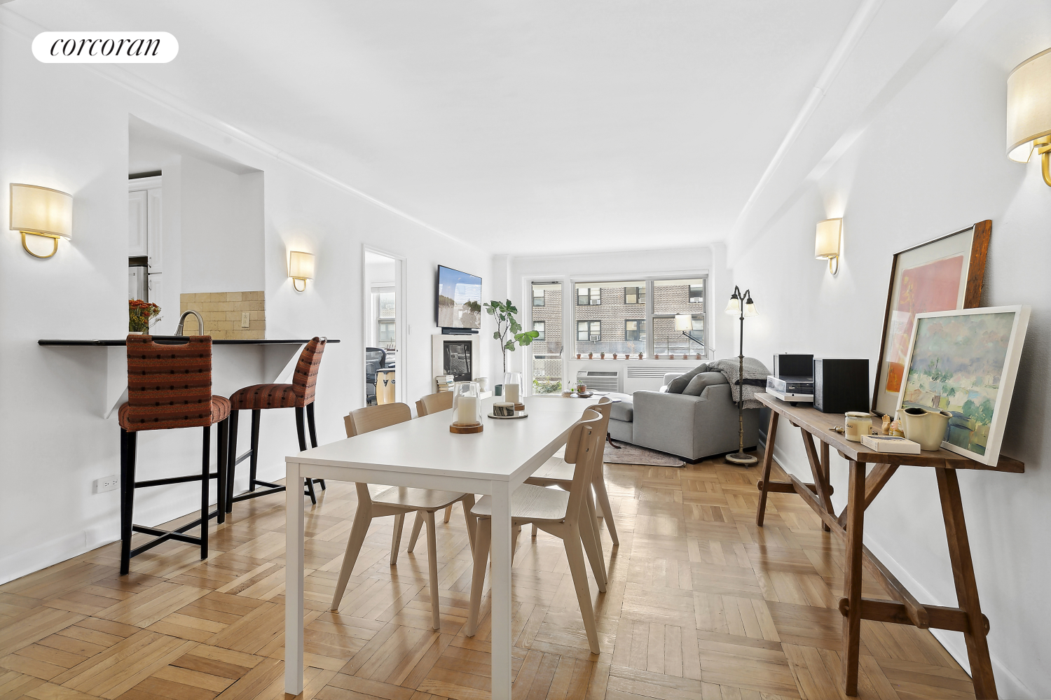 a view of a dining room with furniture