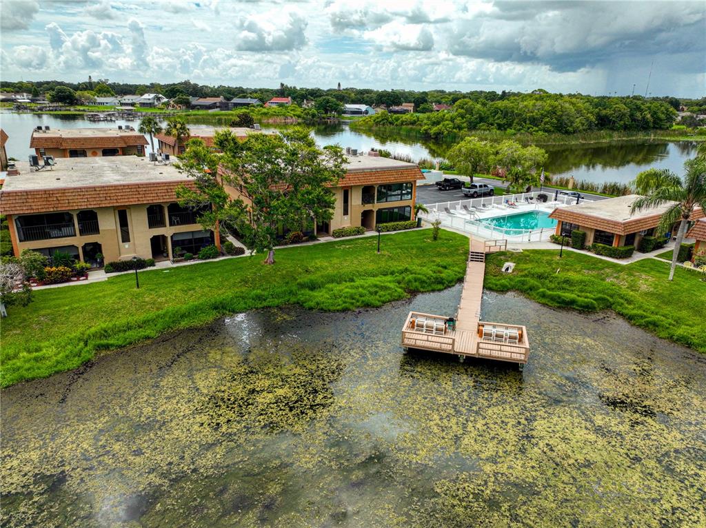 an aerial view of a house with a garden and lake view